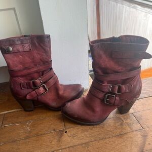Stylish Maroon Leather Buckle Heeled Boots